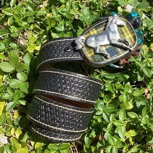 Vintage Allison Daniel Designs Metal Running Horse Buckle Black Belt